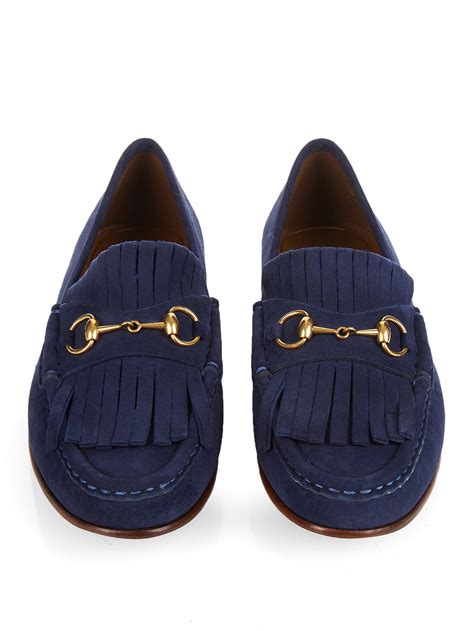 gucci blue suede horsebit loafers.